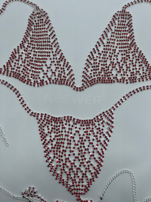 Dazzling red rhinestone filled, silver two piece body set.