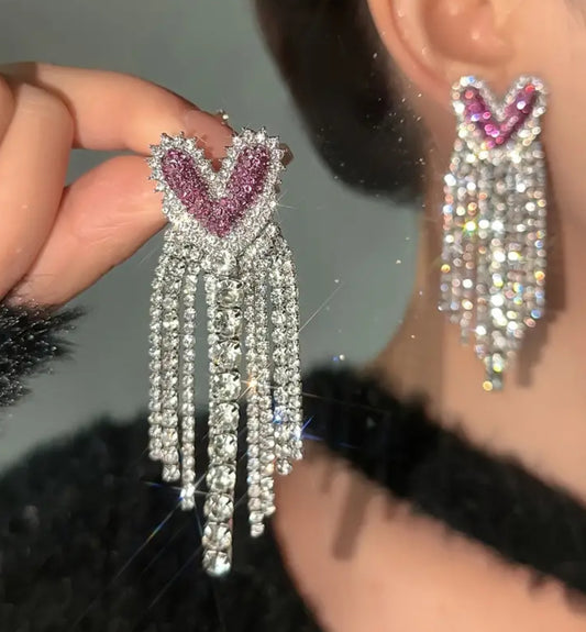 Absolutely must have dazzling, super shiny, sparkling heart earrings, embellished with pink rhinestones ￼